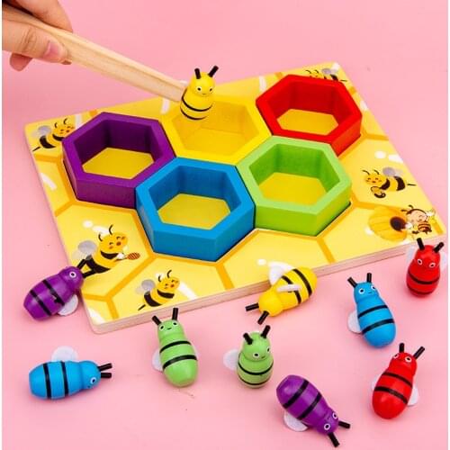 Wooden Leaning Educatinal Toys Children Early Education Beehive Game Childhood Color Cognitive Clip Small Bee Montessori Toy