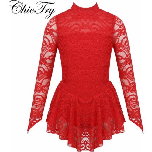 Children Kids Girls Mock Neck Floral Lace Figure Ice Skating Roller Skating Ballet Ballerina Dance Leotard Performance Dress