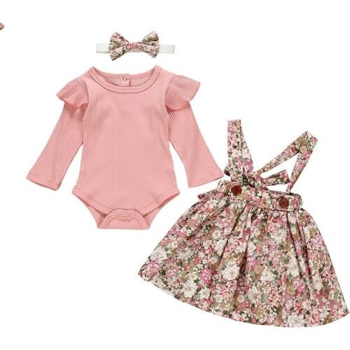 Melario Baby Girls Clothes Set Children Clothing 3PCS Fly Sleeve Romper + Floral Print Suspender Dress Suits + Hairband