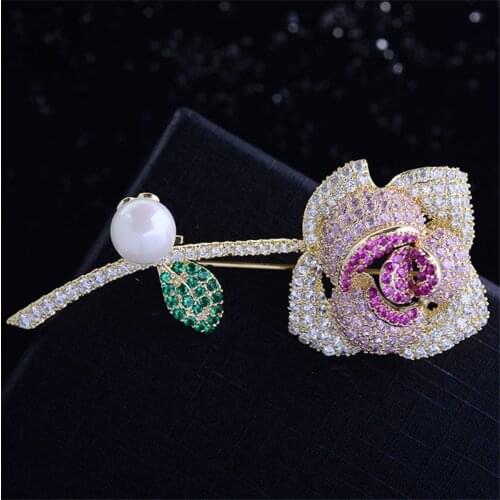 Beautiful Gold Silver Color Rose Flower Brooch Pin Shine Purple White Zircon Elegant Pearl Brooches for Women 2020 Korean Broche