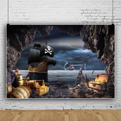 Laeacco Pirate Ship Skull Island Child Birthday Photo Backgrounds Treasure Vast Sea Lightning Customized Photographic Backdrops