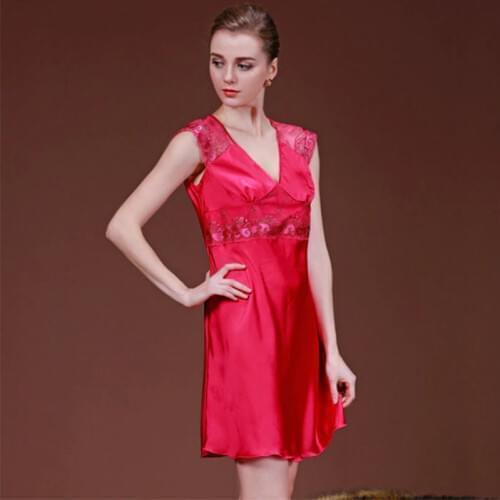 2016 Summer Style New Arrival Women Casual Sleepwear Silk-like Nightgown Noble Lace Night Dress iT289