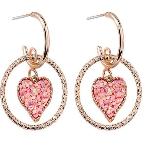 Sweet Girl Heart Shaped Crystal Earrings Round Metal Gold C-Shaped Womens Earrings Trendy Elegant Female Jewelry