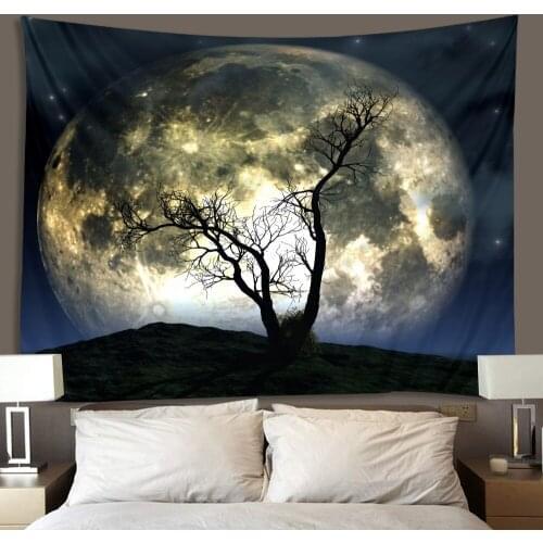 Moon starry sky big tree tapestry scene decoration wall hanging cloth environmentally friendly printing high-density material