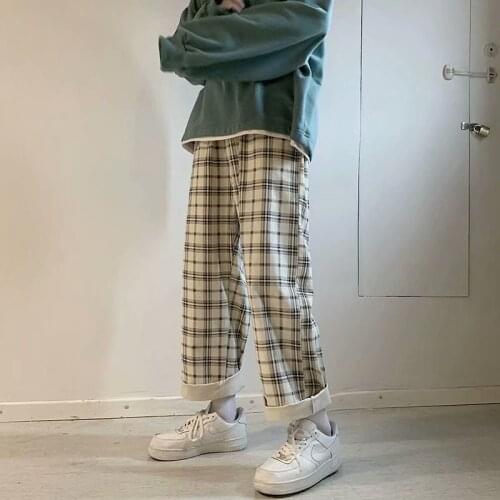 Mens Harajuku Korean Corduroy Spring and Autumn Plaid Pants Mens Casual Loose Wide Leg Pants Trend All-match Mens Pants