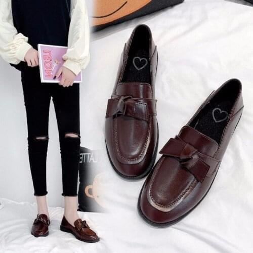 New Solid Leather Oxford Shoes for Women Pumps Round Toe Bow Knot Slip On Square Low Heels British Casual Shoes Woman plus size