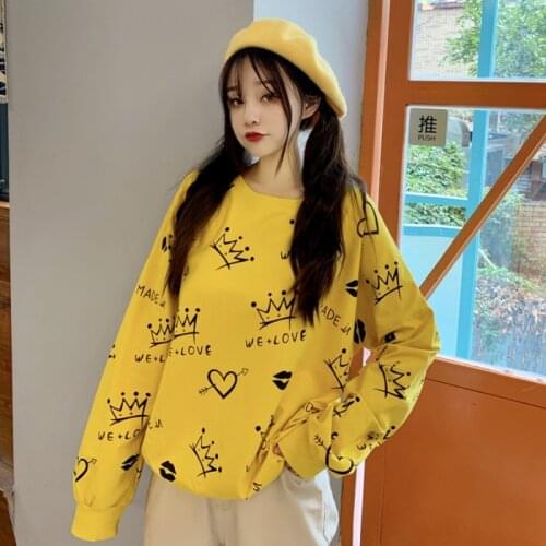 Fall 2021 korean kawaii harajuku teens Loose Hoodies letters graphic pullover long sleeve oversized crewneck top sweatshirt c126