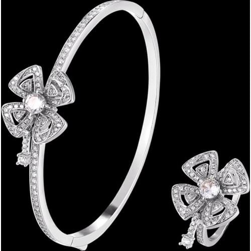 Zlxgirl Luxury brand pave cubic zircon flower shape bangle with ring wedding jewelry sets fine womens party gifts