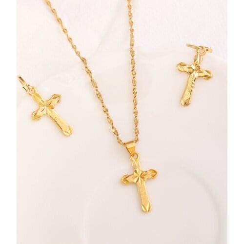 9 k Yellow Fine THAI BAHT G/F gold Solid cross Pendant chain Earrings set Small Mini Tax Christian jewelry sets women Best Jesus