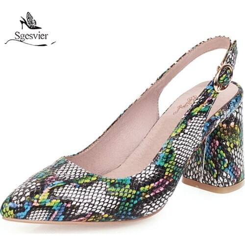 Sgesvier Big size 33-48 New slingback pumps women shoes pointed toe snake printed square high heels party wedding shoes female