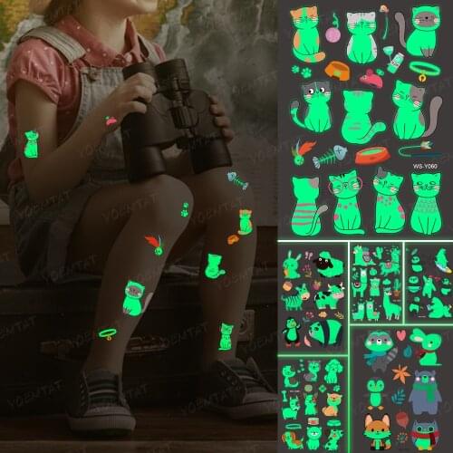 Luminous Glitter Tattoo Stickers Cat Animal Children Temporary Waterproof Kitty Tatto Body Art Cute Kid Cartoon Fake Tatoo