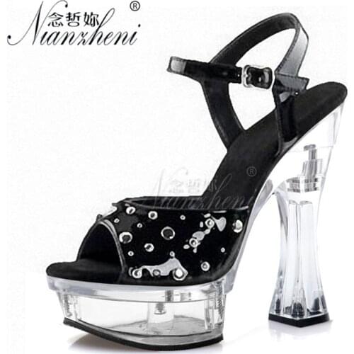 Concise Gothic Metal Rivet Crystal Spool heels Womens Sandals 14cm Super High heeled shoes 6 inches Nightclub Pole dancing Sexy