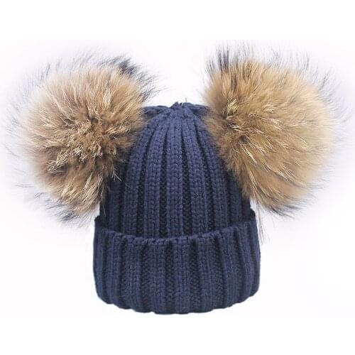 Women Girl Pom Pom Beanie Warm Knitted Bobble Kids Fur Pompom Hat Children Real Raccoon Fur Pompon Winter Hat Parent-child Caps