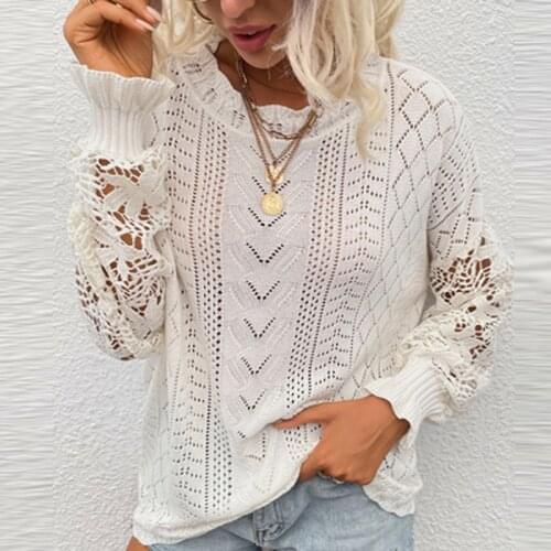 Women Fashion O Neck Solid Tops Pullover Sexy Embroidery Lace Knitting Sweater Spring Autumn Long Sleeve Loose Sweaters Jumper