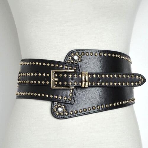 Pu Leather Black Rivet Asymmetrical Elastic Wide Belt Personality Women New Fashion All-match Autumn Winter 2020