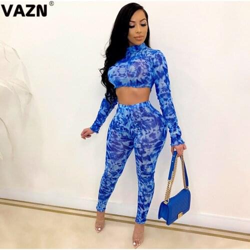 VAZN 2020 Blue Color Women Biker Set Ladies Tracksuit Female Long Sleeve Crop Top Matching Sets Skinny Leggings Female Sets