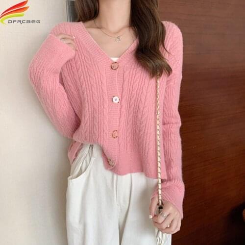 New 2021 Autumn Winter Cardigan Women V-Neck Beige White Knitted Sweater Casual Korean Knitwear Women Long Sleeve Twist Pink Top