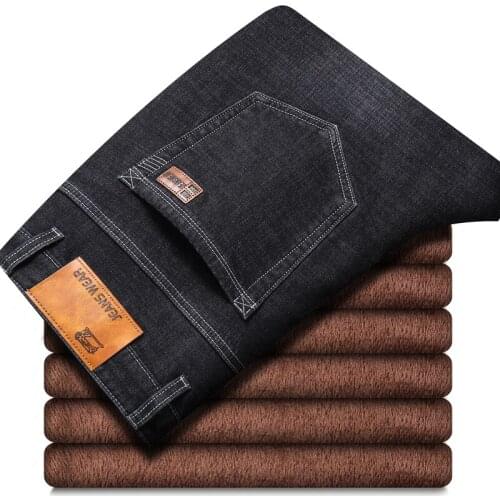 2021 High Quality Winter Warm Fleece Mens Jeans Thick Stretch Denim Jeans Skinny Fit Casual Trousers Cotton Pants Men