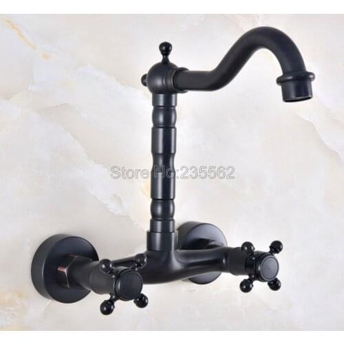 Oil Rubbed Black Bronze Kitchen Sink Faucet Wall Mounted Double Handle Bathroom Basin Mixer Tap Cold And Hot lnf813