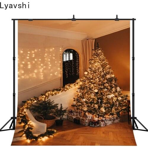 Lyavshi Photography Background Christmas Stair Xmas Tree Glitter Lights Indoor Room decoration photo Backdrop studio props