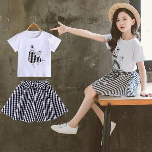 New 2PCS Toddler Kids Girl Clothes Set Summer Short Sleeve T-shirt Tops + plaid Skirt Outfit Child Suit New