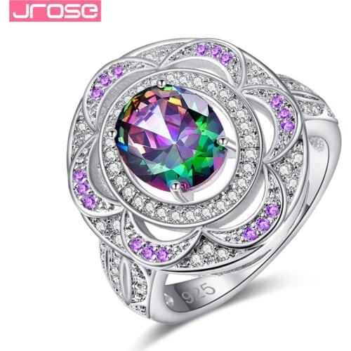 JROSE New Charms Rainbow Silver 925 Jewerly Rings For Women Flower Romantic Finger Wedding Engagement Band Size 6 7 8 9