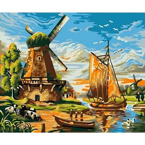 Painting By Numbers DIY Windmill Landscape Room Wall Art Unframed Oil Paint For Adults Home Decoration 50x40cm