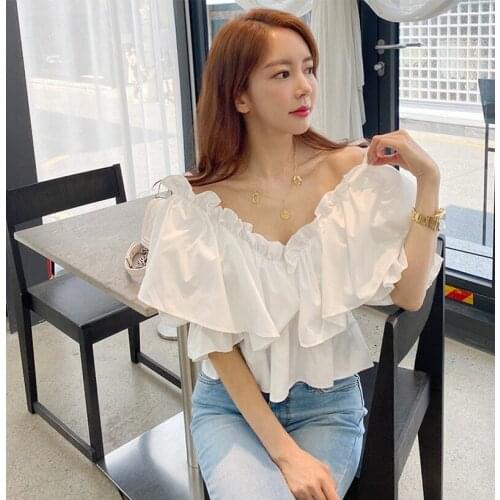 LLZACOOSH 2021 Summer Womens Korea Shirt Puff Sleeve V Neck Blouses Solid Ruffles Ladies Slim Shirt Sweet Girls Top