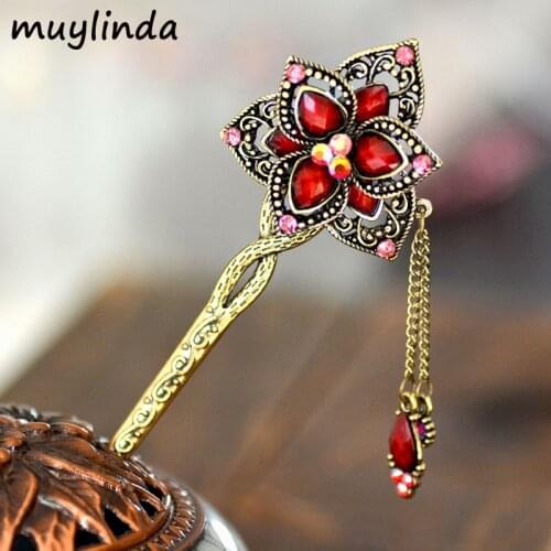 Antique Bronze Plating Metal Hair Jewelry Flower Charm Hair Sticks Retro Hairpins Women Hair Accessories
