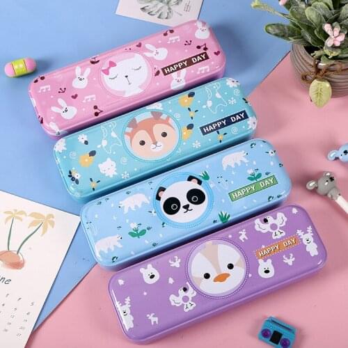 Cute Double Layer Tinplate Cartoon Rabbit Elk Panda School Pencil Case Large Capacity Multi-function Pen Box Korean Stationery