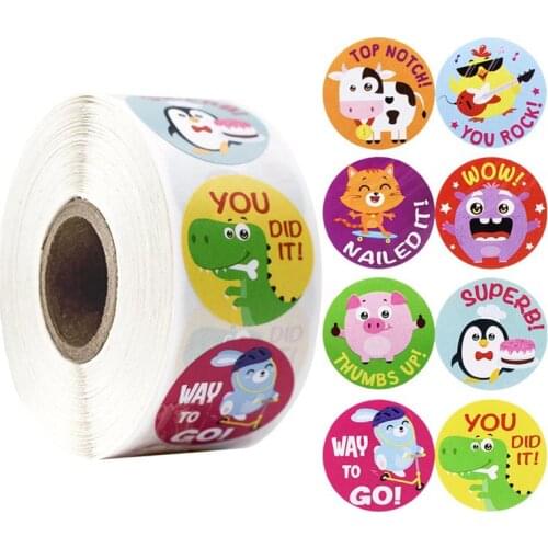 Cartoon Animals Stickers Cute Words Reward Stickers for Teacher Encourage Student 1'' 500pcs/roll Round Reward Sticker for Kid