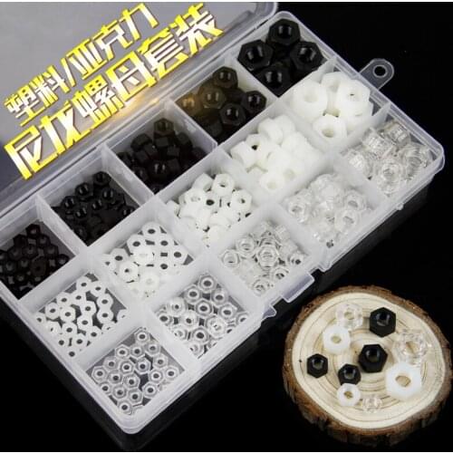 1box / lot Nylon Plastic / Black / White / Clear Acrylic Hex Nut Nut Set M3M4M5M6M8
