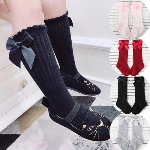 Baby Girls Socks Knee High Princess Socks With Bows Girl Cute Baby Sock Cotton Long Tube Bow Stripes Children Socks 2020