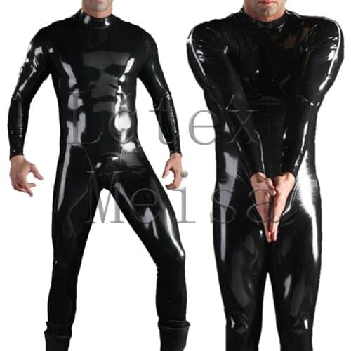 Novelty shoulder zip design latex Zentai mens Fetish latex catsuit exclude socks in black color