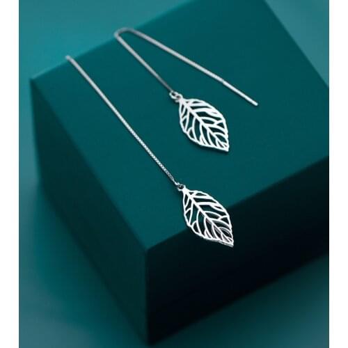 Real. 925 Sterling Silver jewelry Hollow Leaf maple threader pull through Tassel earrings Womens GTLE2837