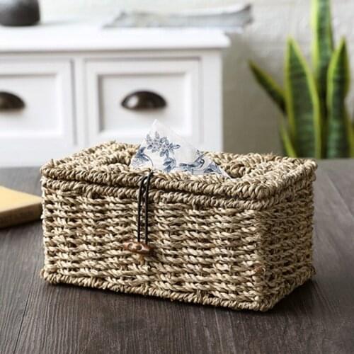 Retro Straw Tissue Storage Box Organizer Napkin Roll Paper Holder Case Living Room Bathroom Desktop Decoration