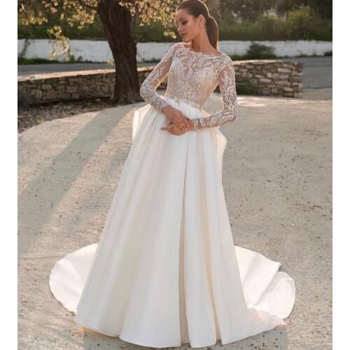 Wedding Dress A-Line O-Neck Full Sleeve Lace Appliques Sequined Beads Satin Floor Length Sweep Train Elegant Bride Gown 2021