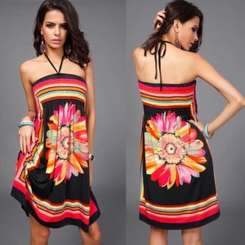 Womens Beachwear Sundress Print Bandeau Strapless Tube Top Sling Dress Summer
