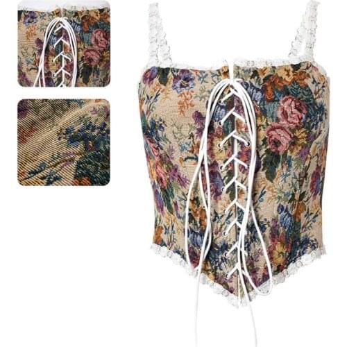 Womens Vintage Floral Jacquard Camisole Crop Top Crisscross Lace-Up Front Corset Bustier Boned Hem Overbust Lace Trim Bodycon