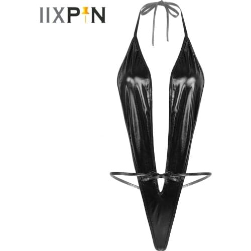 Womens Lingerie Sexy Thong Leotard Bodysuit Halter Neck Lace-up Micro Bikini Beachwear Shiny Metallic Patent Leather Bodysuit
