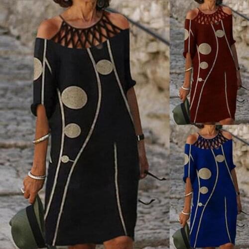 Womens Fashion Loose Casual Half Sleeve Hollow Out Floral Print Round Neck Summer Dress