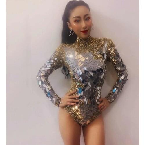 Gold Rhinestones Mirrors Shining Bodysuit Women Birthday Celebrity Prom Party sparkly Outfit Singer Stage dance costume