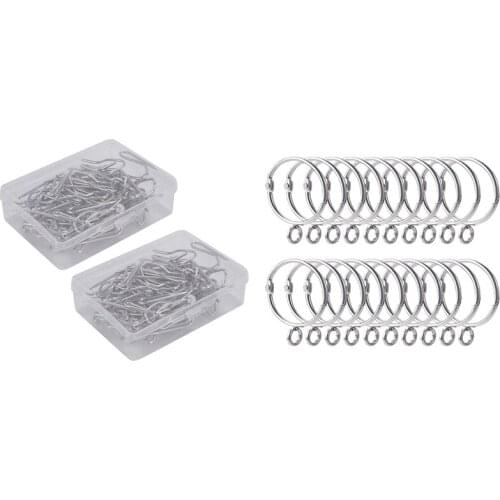 100 Pcs Metal Curtain Hooks Drapery Hook Pins With Clear Box & 20 Pcs Openable Silver Curtain Rings