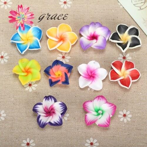 12pc/lot 25mm Polymer Clay Plumeria Flowers With Leaf Hole Charm Beads Diy Earrring Pendant Necklace Kids Cute Jewelry Materials