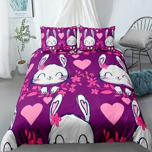 Cartoon 3D Rabbit Printed Bedding Set 2/3pcs Easter Egg Duvet Quilt Cover Pillowcase for Home Bedroom Boho Decor Queen King Size
