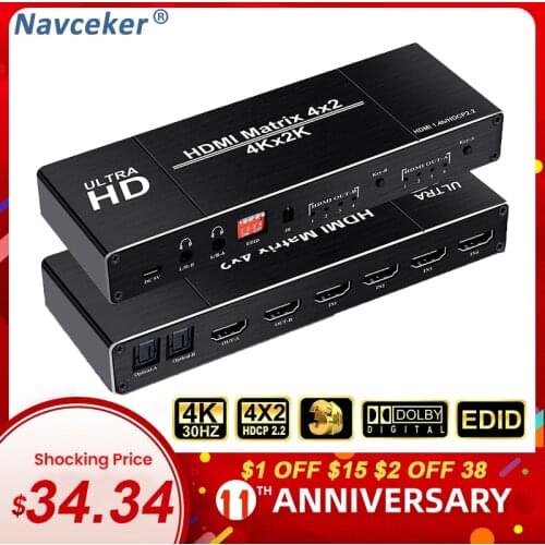 2020 Best 4K 4x2 HDMI Matrix Switch Splitter Switcher EDID Setting HDMI Switch 4x2 with Dual SPDIF & Optical Toslink HDMI Matrix