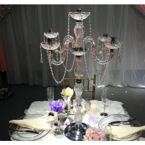 90cm(H) Acrylic 5 arms wedding candelabras with crystal pendant silver plated candle holder table centerpiece wedding decoration