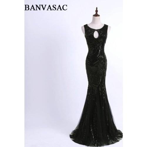 BANVASAC 2019 O Neck Sequined Sleeveless Mermaid Long Evening Dresses Elegant Party Tulle Open Back Prom Gowns