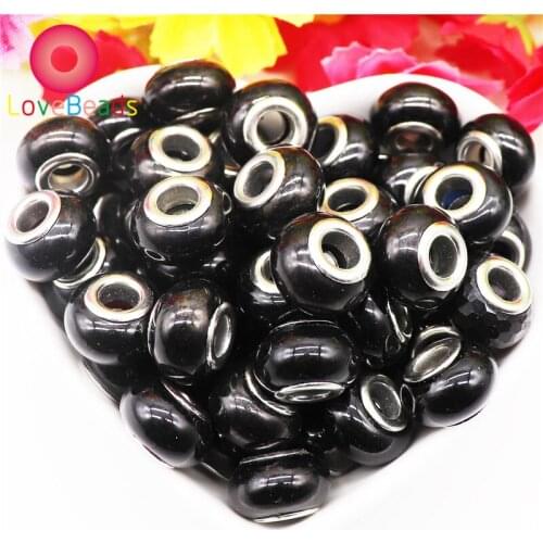 10Pcs Black Color Resin Handmade Muranos Large Hole Round Spacer Beads Charms Fit Pandora Bracelet Women Girls Jewelry Crafts