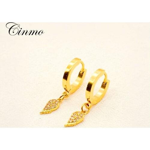 Cinmo Stainless Steel Piercing Drop Earrings Full Crystal Gold Feather Dangle Earrings For Women Girls Wholesale Jewlery Gift